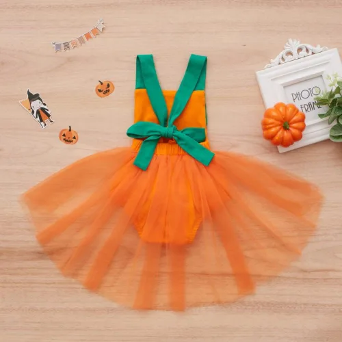 Vista 3 de Patgoal Disfraz de calabaza para bebés y niñas vestido de falda de tul tutú de Halloween para recién nacidos para niñas pequeñas enterizos de sonrisa