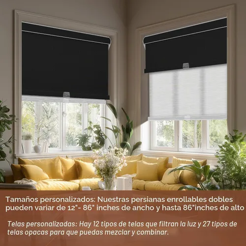 Vista 2 de BERISSA Persianas enrollables dobles inalámbricas con cenefa de cassette, persianas de doble ventana opacas y filtrantes de luz, persianas