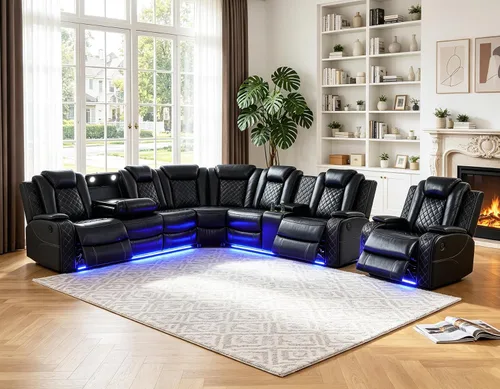 Vista 41 de Juego de sofá modular reclinable eléctrico para sala de estar, juego de sofá reclinable de cuero con luces LED / almacenamiento oculto, sofá