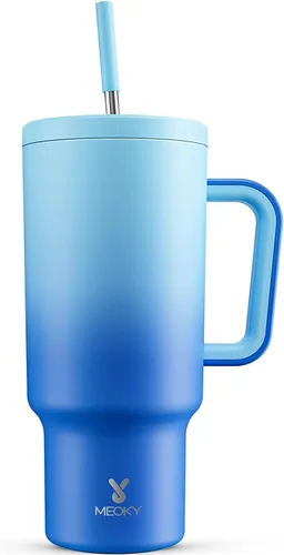 Vista 13 de Meoky - Vaso de 30 oz con asa, tapa y pajilla, taza de viaje térmica de acero inoxidable 100% a prueba de fugas, para portavasos, mantiene el frío