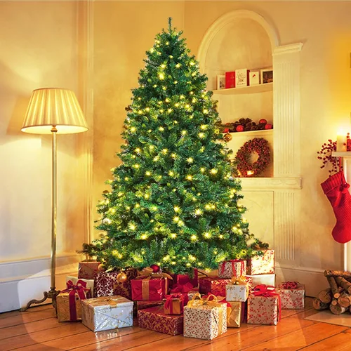 Vista 2 de ERGOMASTER - Árbol artificial de Navidad preiluminado de 7 pies con luces, árbol de Navidad falso verde con 1096 puntas de rama con bisagras, 300