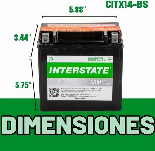 Vista 4 de Baterías interestatales YTX14-BS Powersports batería 12V 12Ah 200CCA AGM