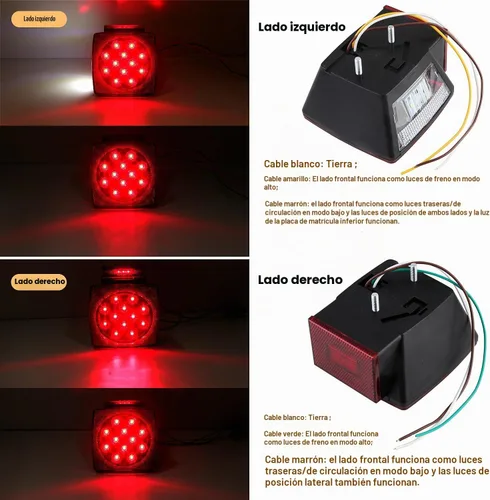 Vista 3 de Luces de remolque, 2 piezas de luces traseras combinadas cuadradas rojas LED, luces de freno, parada, giro, licencia para remolque utilitario