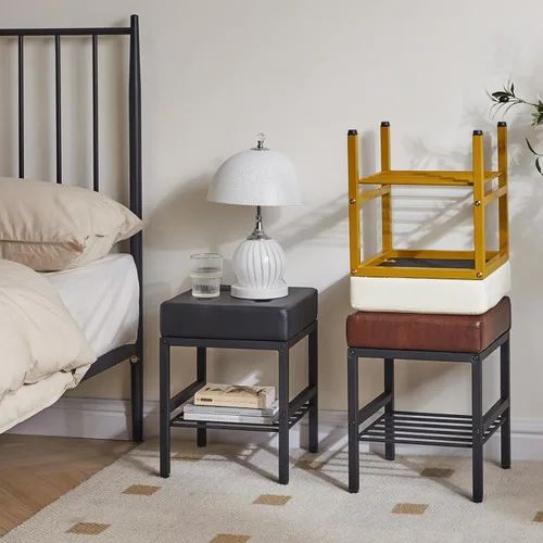 Vista 4 de IBUYKE Taburete de maquillaje cuadrado con pies ajustables y espacio de almacenamiento, silla reposapiés, asiento de tocador de PU, multiusos como