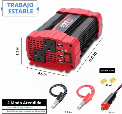 Vista 3 de Inversor de corriente para automóvil de 300 W, convertidor de adaptador de enchufe de vehículo de 12 V CC a 110 V CA con 4 puertos de carga rápida
