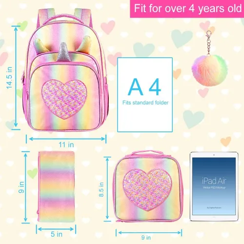 Vista 4 de AGSDON 4 mochilas infantiles para niñas, 14.5 pulgadas de unicornio con lentejuelas y lonchera
