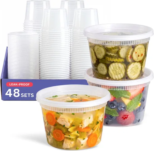 Vista 11 de GUSTO [48 juegos - 8 onzas] Contenedores de plástico para almacenamiento de alimentos desechables con tapas herméticas - Contenedores de Slime