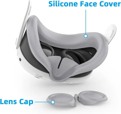 Vista 2 de Relohas Deluxe VR Accessories for Meta Quest 3, Safe 2 in 1 Silicone Case Set for Oculus Quest 3, Include Upgraded Lens Protector, Face Cover (Grey)
