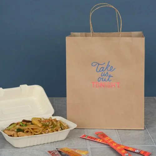 Vista 5 de Prime Line Packaging Bolsas de papel marrones, bolsas de compras medianas con asas para pequeñas empresas, alimentos para llevar, comestibles, venta