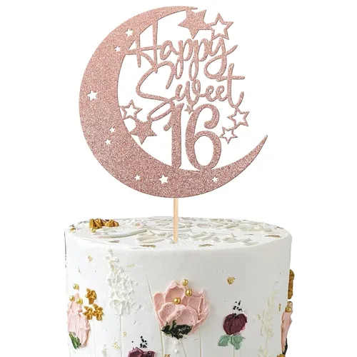 Vista 15 de 1 pieza de decoración de pastel de 16 años con purpurina de luna y estrella de luna feliz 16 cumpleaños, decoración para tartas de cumpleaños de 16