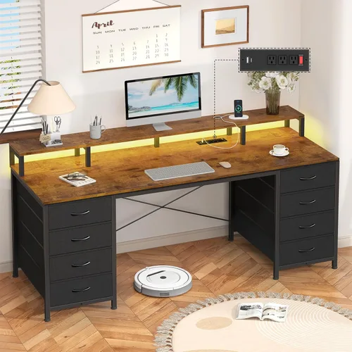Vista 18 de YOMILUVE Escritorio para computadora de 50 pulgadas con 8 cajones, escritorio para oficina en casa con tomas de corriente, escritorio de trabajo