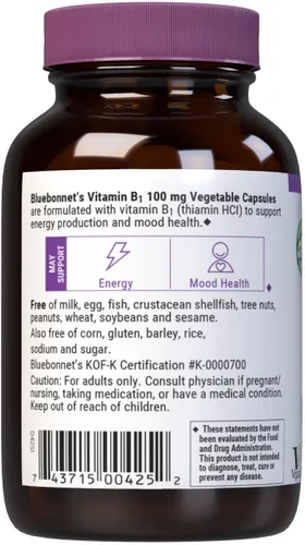 Vista 3 de Bluebonnet Vitamina B1 100 mg – Apoyo al estado de ánimo y vitaminas energéticas para mujeres y hombres* – Tiamina HCl – Sin OMG, vegano, kosher