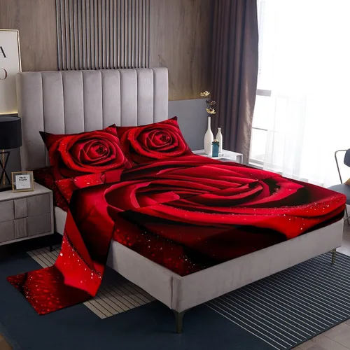 Vista 19 de Juego de sábanas de rosas rojas, tamaño individual, juego de sábanas florales de color rojo degradado y negro para niñas, mujeres, niños