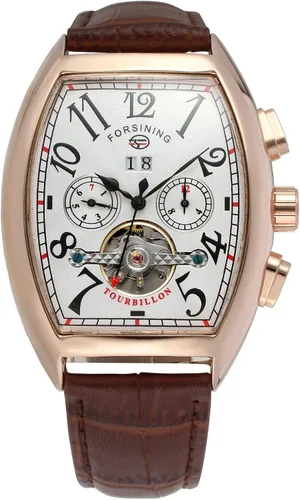 Vista 6 de FORSINING Reloj rectangular de cuerda automática para hombre, con correa de cuero auténtico, Tourbillon