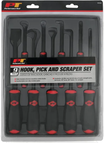Vista 7 de Performance Tool W948 - Juego de gancho/púa/raspador, 9 piezas, negro/rojo