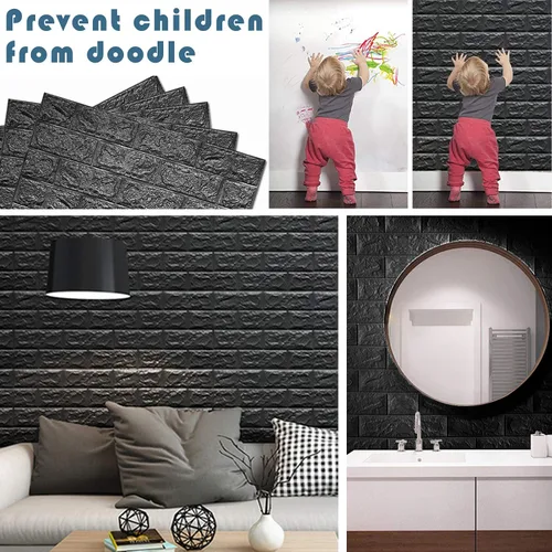 Vista 5 de 10 paneles de pared 3D negros, cobertura de 14.5 pies cuadrados, adhesivo imprimible con paneles de pared de espuma de polietileno autoadhesivos