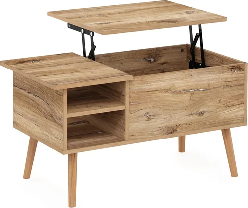 Vista 5 de Furinno Jensen Mesa de centro de madera para sala de estar, con compartimento oculto y estante de almacenamiento lateral abierto, roble Flagstaff