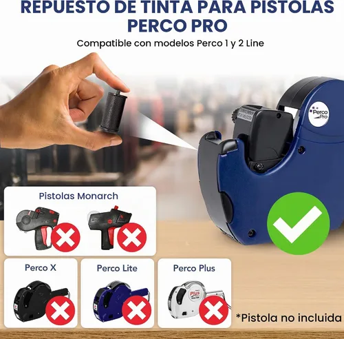 Vista 2 de Perco Rollo de tinta para pistolas Perco Pro (1 y 2 líneas) de precio y fecha, paquete de 4 tintas de repuesto, impresiones fáciles de cargar