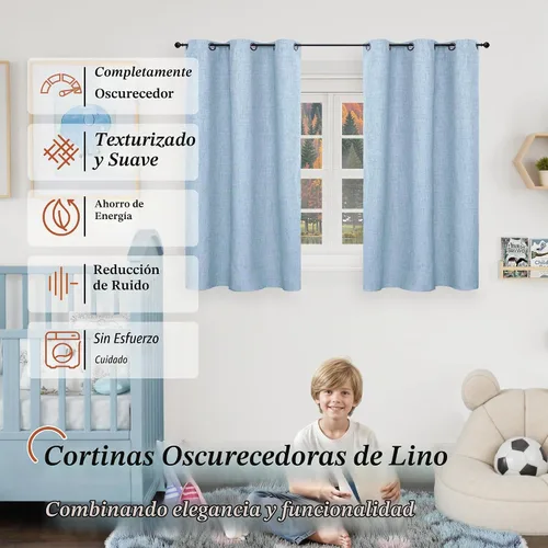 Vista 2 de Cortinas Opacas de Lino Azul Bebé para Guardería de 40 Pulgadas de Largo, 2 Paneles, Cortinas Cortas con Aislamiento Térmico Boho de Bloqueo Total