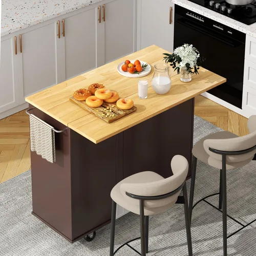 Vista 14 de Shintenchi Isla de cocina con hoja plegable, mesa de isla enrollable con almacenamiento, armario de cocina con ruedas con área de asiento
