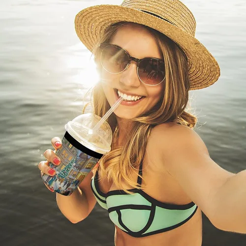 Vista 6 de Christmas-themed Town Reusable Insulated Neoprene Iced Coffee Cup Sleeves 3 Sizes Diving Material Cup Durable Beverage Covers for Cold Coffee Tea