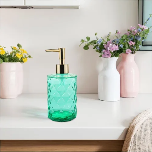 Vista 9 de Dispensador de jabón verde para baño, dispensador de jabón líquido de manos verde esmeralda recargable con bomba de plástico ABS para baño, jabón