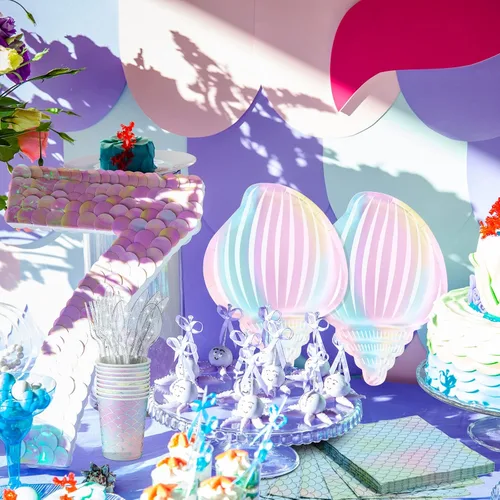 Vista 3 de 144 piezas de suministros para fiesta de sirenas, decoraciones temáticas de sirenas, juego de vajilla para fiesta bajo el mar, incluye platos