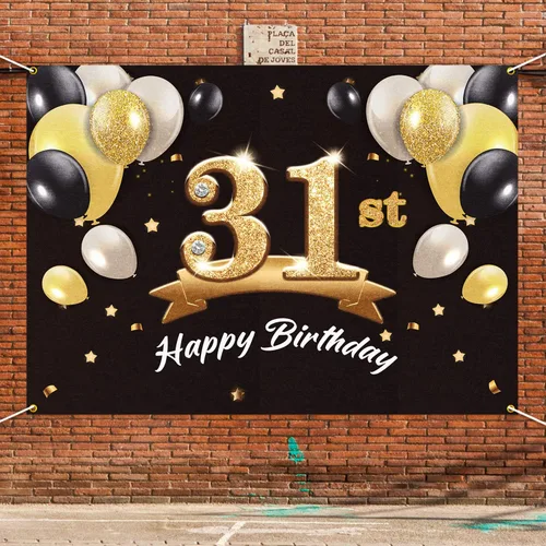 Vista 6 de Telón de fondo de pancarta de feliz cumpleaños 31 – Suministros de decoración de fiesta de cumpleaños 31 para hombres – Negro dorado 4 x 6 pies