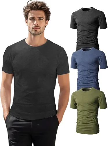 Vista 18 de H2H Camisetas para hombre - Pack de varias unidades, diseño simple, manga corta, ajuste delgado, mezcla de algodón (cuello en V/cuello redondo)