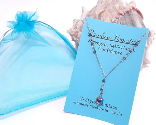 Vista 2 de Crystal Bead Rainbow Hematite Y Shaped Lariat Necklace Non-Tarnish Steel Chain