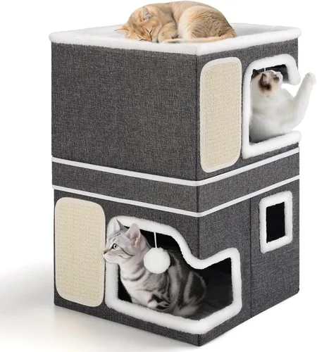 Vista 10 de Camas dobles para gatos de interior, casa para gatos de 2 pisos con grandes y acogedores escondites, cubo cueva de doble propósito con almohadillas