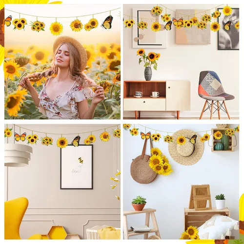 Vista 7 de Qunclay 36 piezas de decoración de árbol de girasol, adornos de madera de verano, flores amarillas de primavera, mariposa, adorno colgante de madera