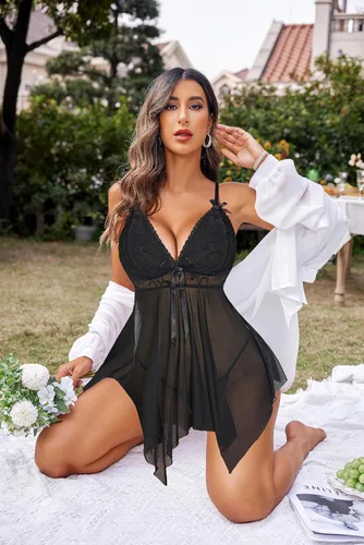 Vista 4 de Camisón Avidlove, lencería de encaje, babydoll, cuello en V, satinado, para mujer