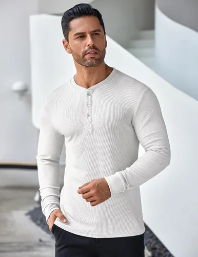 Vista 2 de COOFANDY Camisas Henley de manga larga para hombre, camisetas elásticas acanaladas, camisetas básicas casuales de moda