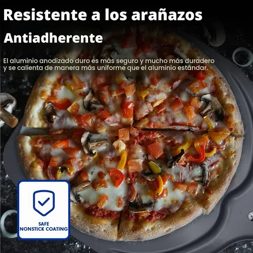 Vista 4 de Paleta de pizza profesional de aluminio, perforada de 12 pulgadas, grado de restaurante, mango largo, antiadherente, cáscara de pizza de metal