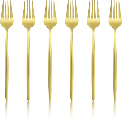 Vista 10 de Juego de 6 tenedores de postre de acero inoxidable de 3 dientes, juego de tenedores para frutas y tartas, 5.31 pulgadas, dorado