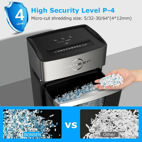 Vista 2 de BONSEN Trituradora de papel de microcorte de 12 hojas para uso en la oficina en casa, alto nivel de seguridad P-4/55 dB ultra silencioso/trituradora