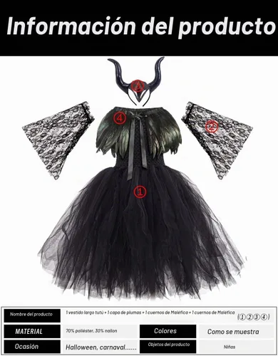 Vista 4 de L'VOW Vestido de princesa de encaje tutú de tul para Halloween con cuernos de demonio, capa de plumas