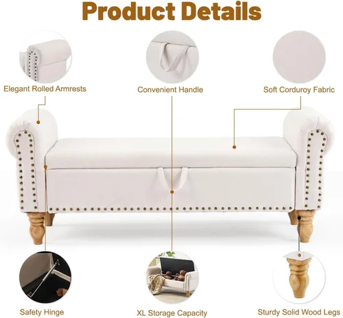 Vista 7 de Banco otomano tapizado de lino de 55 pulgadas con brazos enrollados para dormitorio, color beige