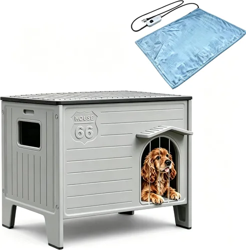 Vista 10 de Casa grande para perros para exteriores, aislada, resistente a la intemperie, doble HDPE, diseño elevado, fácil de montar, interior expansivo, gris