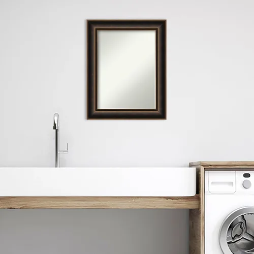 Vista 5 de Amanti Art Espejo de baño de bronce para sobre el fregadero, espejo rectangular de bronce aceitado de 30 x 24 pulgadas, marco de madera casual