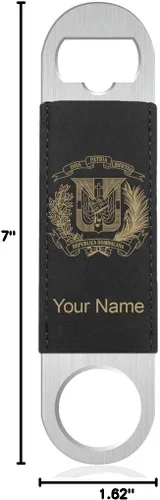 Vista 5 de LaserGram Abrebotellas, escudo de armas República Dominicana, grabado personalizado incluido (cuero sintético, negro y dorado)