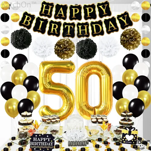 Vista 9 de KatchOn, Juego de decoración de feliz cumpleaños número 50, paquete de 48, globos dorados del número 50 de 40 pulgadas, pancarta de feliz cumpleaños