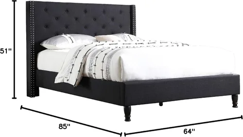 Vista 3 de Premiere Classics de Life Home. Plataforma de cama de tela de lino negra con listones, de 51' de alto. Cama completa 007, lino, Negro