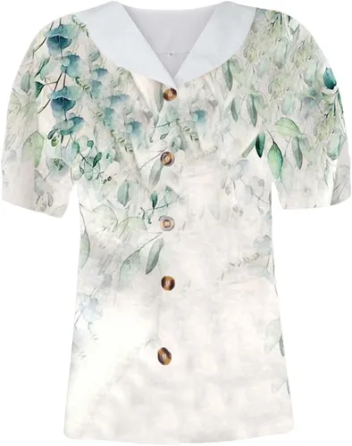 Vista 3 de Camisa de lino y algodón con estampado C y cuello alto para mujer, estilo casual, media manga, talla S, A-B