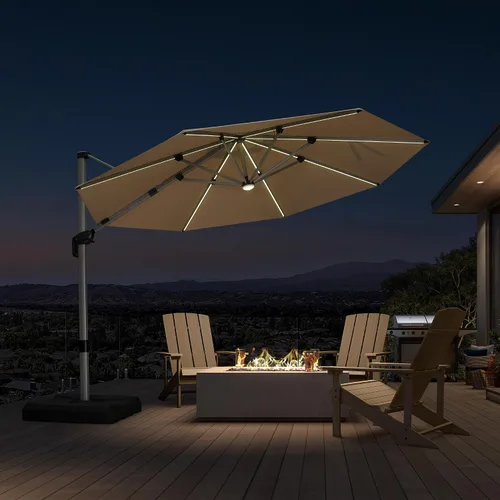 Vista 14 de PURPLE LEAF Sombrilla de patio de 9 x 12 pies con luces, sombrilla rectangular voladiza para exteriores, funciona con energía solar, LED