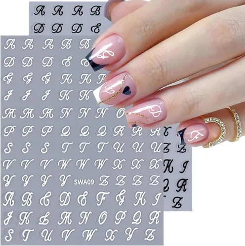 Vista 3 de Calcomanías de uñas con letras, 8 hojas de calcomanías de uñas con letras en inglés antiguo, 3D, autoadhesivas, doradas, plateadas, negras, blancas