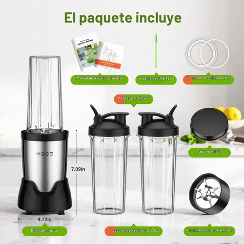 Vista 9 de KOIOS BL319B - Licuadora personal para batidos con 3 tazas para llevar de 22 onzas, color negro Press-and-Twist Lock, 22000 RPM, Detachable Blade