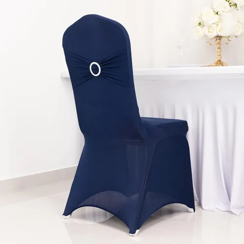Vista 64 de Efavormart - Funda para silla de banquete de elastano beige con banda de hebilla de diamantes de imitación plateados, funda elástica para silla