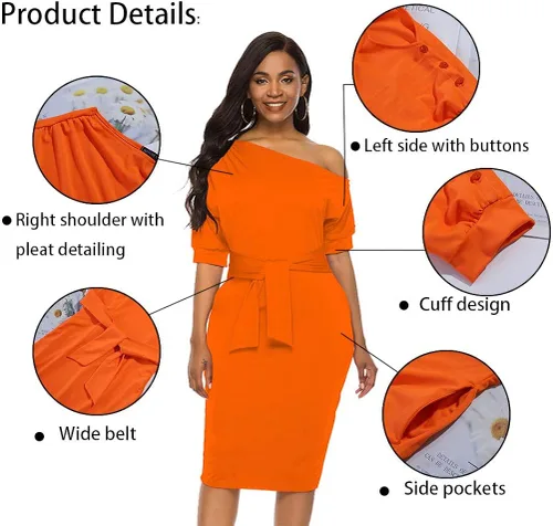 Vista 2 de Nature Comfy Elegante vestido de tubo con cinturón de un hombro y bolsillos para mujer